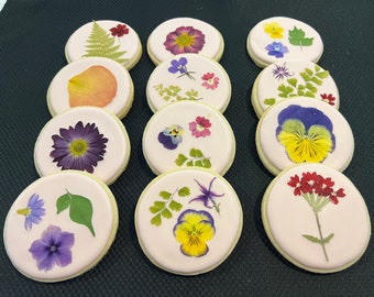 Gorgeous Pressed Flower Decorated Sugar Cookies, Edible Flower Wedding Cookies, Bridal Shower Cookies, Bridal Shower Favors, Event Cookies