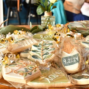 Natural Greens Hand Painted Wedding Decorated Sugar Cookies with Metallic Details, Wedding Favors, Bridal Shower Cookies, Shower Favors