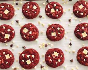 Red Velvet Cookies with White Chocolate – Gourmet Cookies, Holiday Cookies, Valentine Cookies, Soft Bakery Cookies