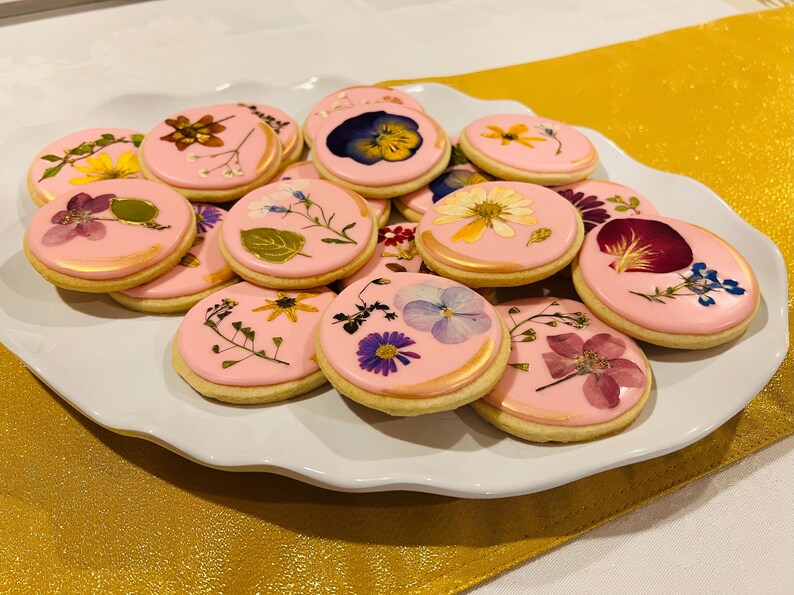 Pressed Flower Wedding Cookies with Gold Detailing image 2