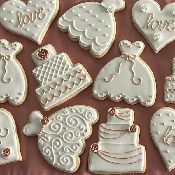 Rose Gold Wedding Cookies – Hand-Painted Metallic Sugar Cookies
