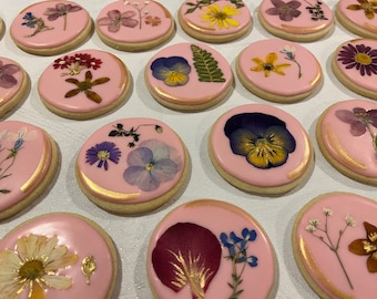 Pressed Flower Wedding Cookies with Gold Detailing