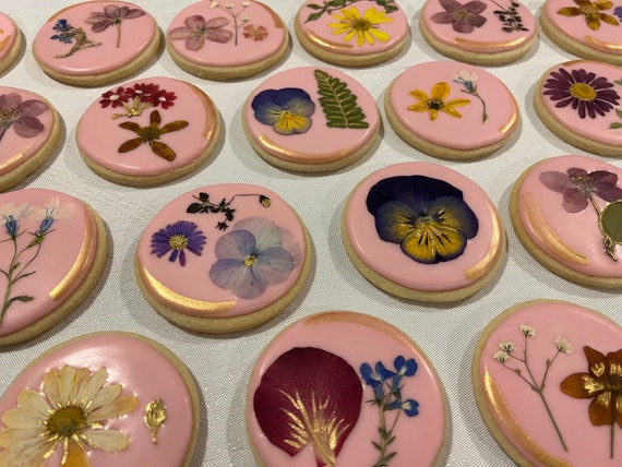 Pressed Flower Wedding Cookies with Gold Detailing