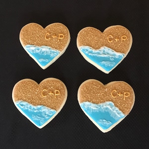 Beautiful Ocean Heart Decorated Sugar Cookies, Beach Cookies, Beach Heart Wedding Cookies, Wedding Favors, Shower Favors