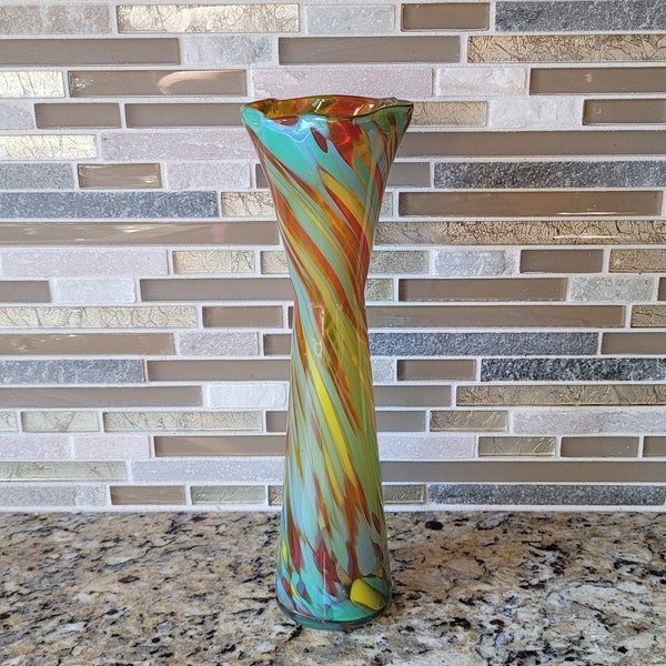 Hand Blown Fluted Glass Vase, Vintage Multi Colored Art Glass, Colored Glass Confetti, Retro Blown Glass Vase, Decorative Tall Vase,