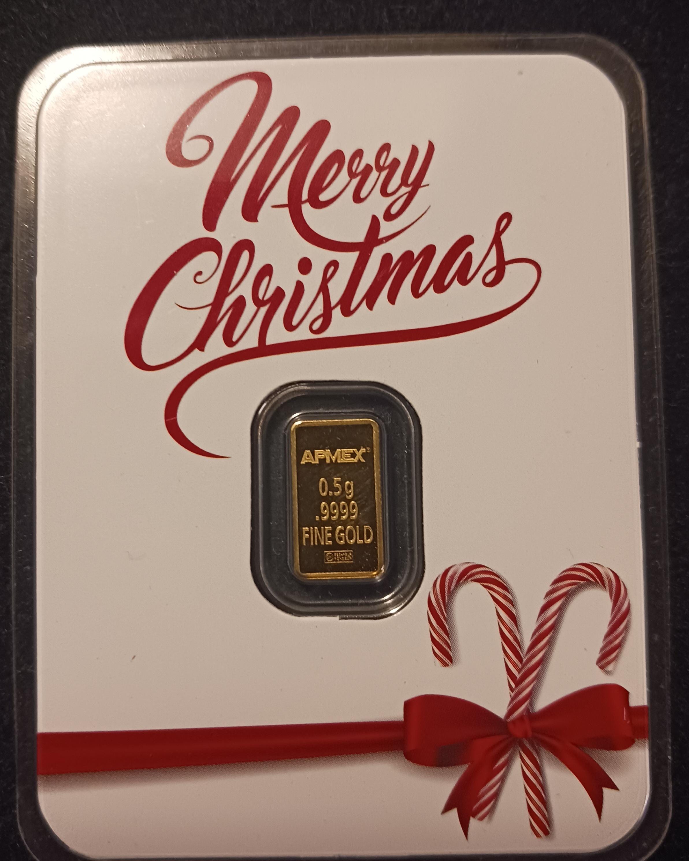 0.5 Gram .9999 Fine Gold Bullion Bar 24k APMEX W/ Merry Christmas