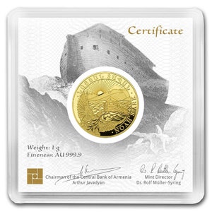 1 Gram 999.9 Fine Gold Bullion 24k Armenia 100 Dram NOAH&#39;S ARK Coin 2020 w COA