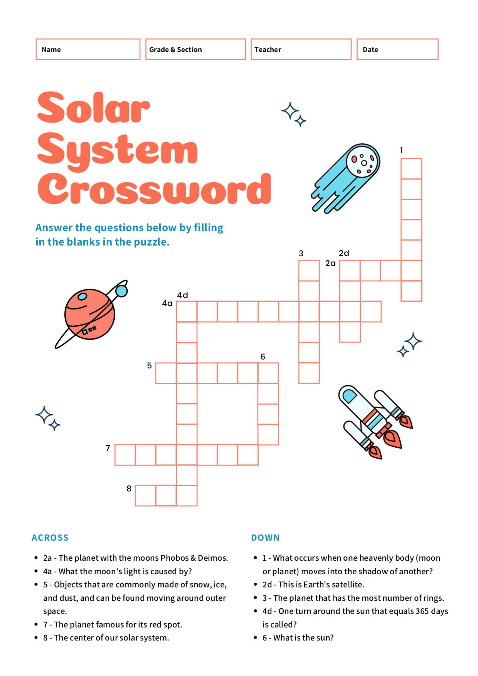Solar System Crossword Puzzle Download | Etsy