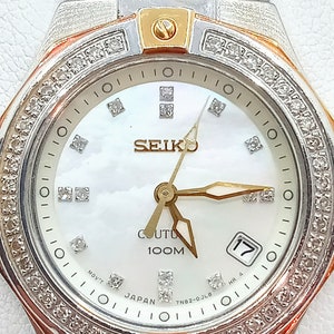 Authentic Seiko Women&#39;s &quot;Coutura&quot; Luxurious &quot;Cutoura&quot; Diamond Bezel-Dial MOP w/Day Calendar Designer Watch