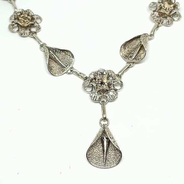 Vintage Filigree 925 Sterling Silver Floral Design Link Necklace