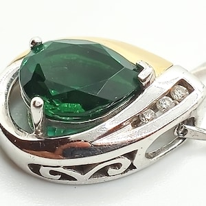 Genuine 2 Carat Rich Green Pearl Shape Emerald Solitaire Gemstone on 14k Yellow Gold w/925 Silver Diamond Pendant