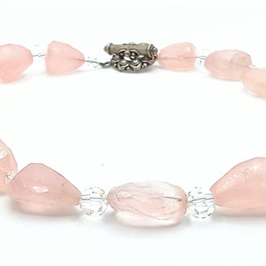 Genuine Rose Quartz w/Faceted Crystal 925 Toggle Closure Beaded Bracelet