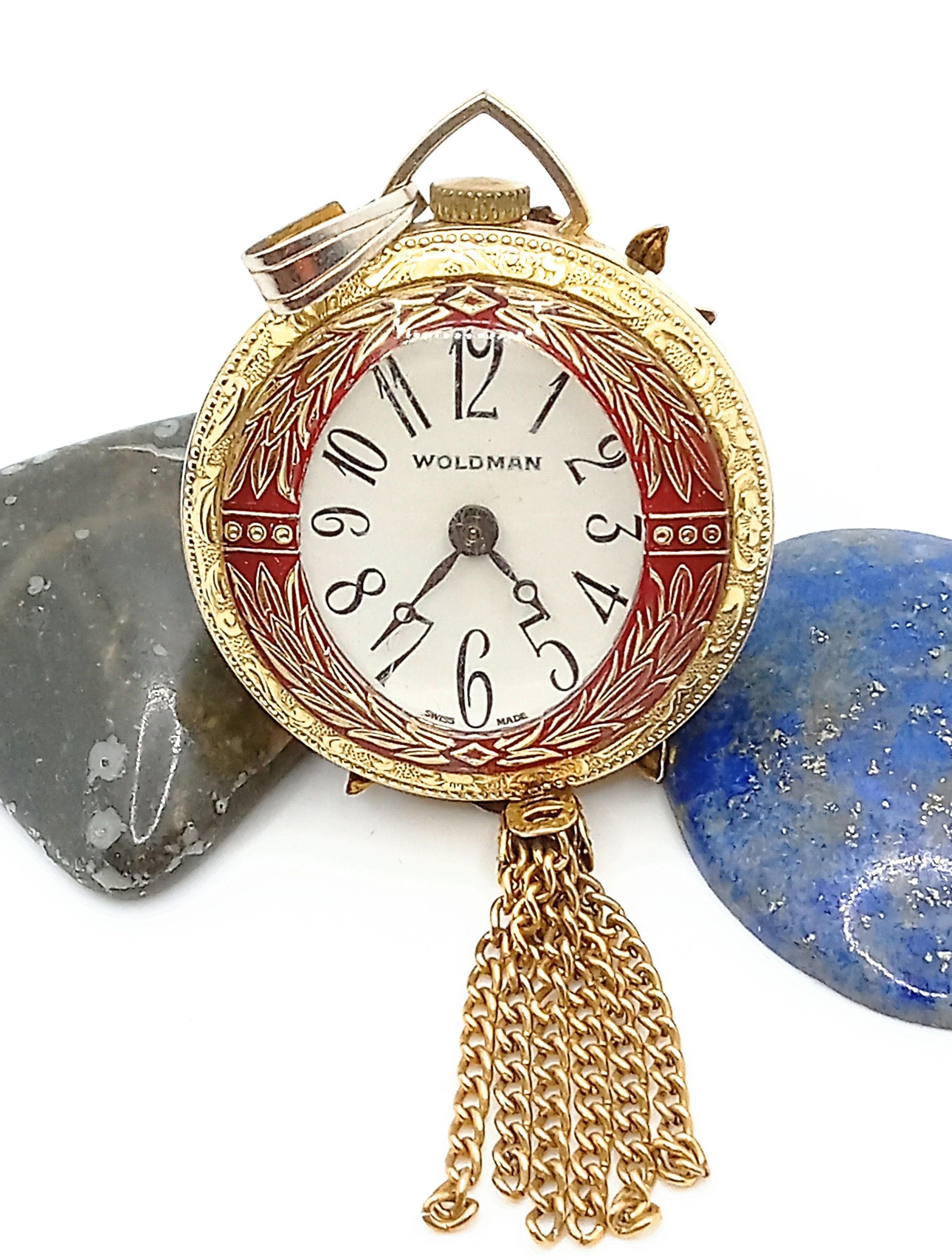 Woldman Rare Vintage Gold Tone Cameo Style Back Mini Pocket Watch