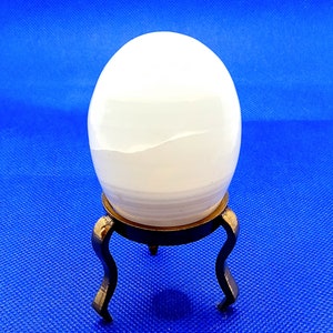Genuine Polished White Egg Shape Selenite Natural Gemstone w/Gold Tone Stand