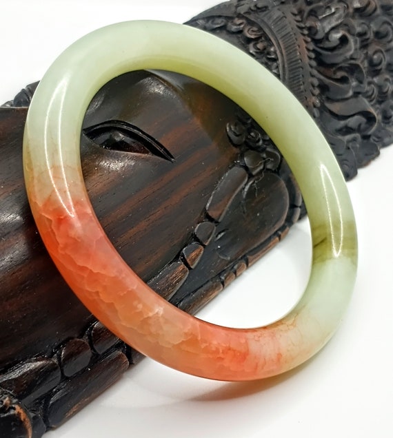 Genuine Green And Fire Orange Natural Jadeite Jade Bangle Bracelet