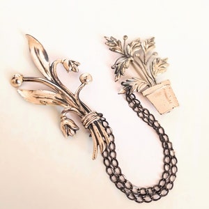 Double Floral Sterling Silver Vintage Brooch Set w/Chain