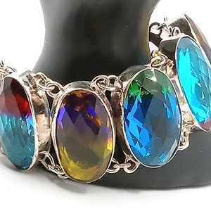 Huge Multi-Faceted Oval Cut Rainbow Tourmaline Gemstone on 925 Sterling Silver Linked Bracelet