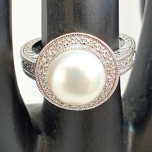 Large 14mm Genuine Pearl w/white Diamonds on 925 Sterling Silver Polished Ring