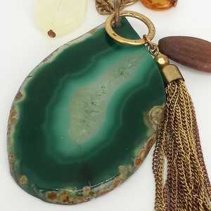Huge Vintage 3&quot; Natural Green Flat Cute Agate Free-Form Pendant and Necklase~Set!