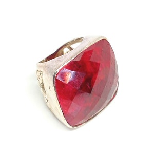 Enorme scacchiera sfaccettata FANI India 925 Argento Vero Rubino Anello