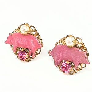 Vintage Pink Piglets on Gold Tone w/Synthetic Stone Earrings-Set