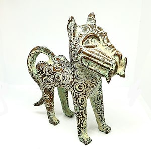 Vintage Asian Carvered Brass Metal Light Green Colored Foo Dog Figure Sculture
