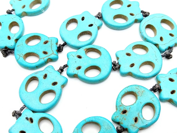 Blue Natural Turquoise Gemstone Carved Beaded Skull Necklace