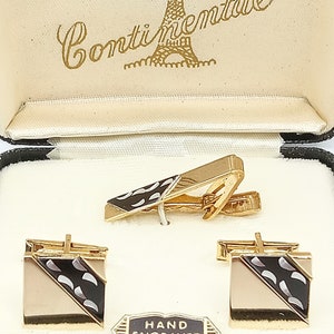 Continental Hand Made Polished Gold Tone Cufflinks w/Tie Clip Set
