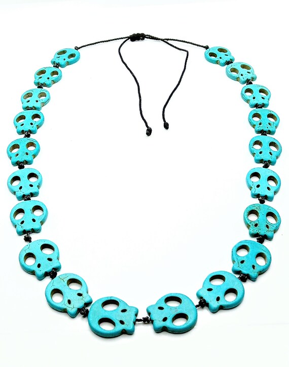Blue Natural Turquoise Gemstone Carved Beaded Skull Necklace View 2