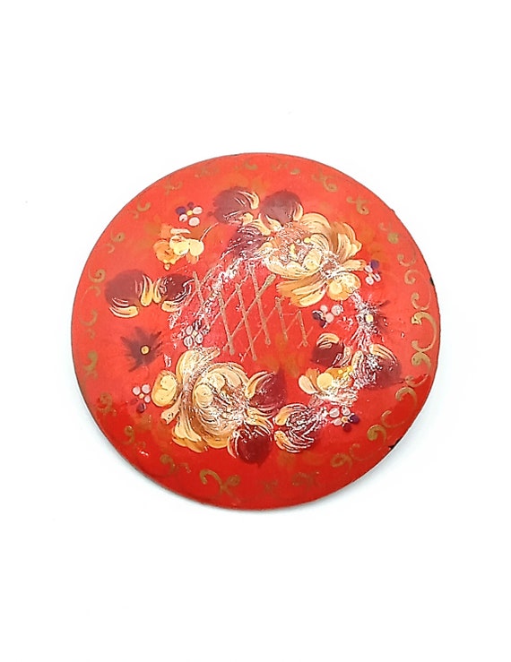 Rare Red Vintage Wooden Russian Lacquer w/Floral … - image 1