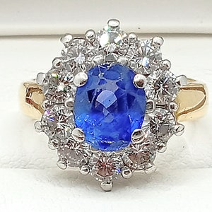 GIA Certified Princess Diana Inspired 8.5mm Rich Blue Sapphire w/Diamonds on 18k & 950 Platinum Statement Ring