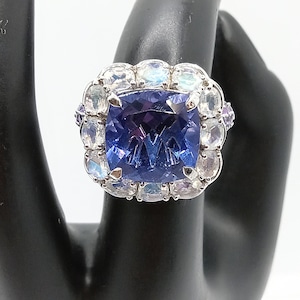 Huge natural Cushion Cut Spinel w/Moonstone Halo on 925 Streling Silver Designer Ring