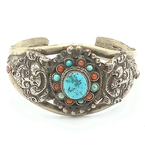 Vintage 1960's Tibetan Turquoise/Coral Sterling Silver Cuff Bracelet