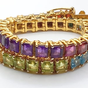 Genuine 10 Carats Multi Color Natural Square Cut Gemstones 18k Layer Over 925 Sterling Silver "INDIA" Tennis Bracelet