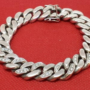 Genuine 2mm Round Cut Diamonds on Heavy 12mm Cuban Link 925 Silver Bracelet