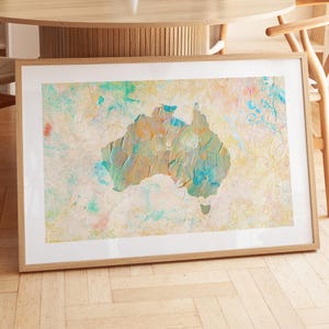 Impresión de mapa de Australia: arte de pared abstracto de Australia, pintura de mapa texturizado, arte de viaje costero, enmarcado o sin marco, decoración de casa de playa.