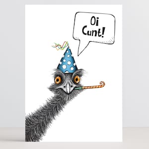 The Potty Mouth Emu-wenskaart: brutale, onbeleefde en grappige verjaardagsgrapkaart voor vrienden en familie. Verjaardagskaart voor hem of voor haar.