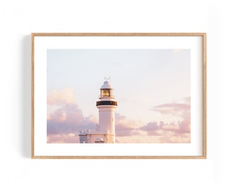 Lighthouse in the clouds. Iconic Byron Bay landmark photography for the Modern Home. Print or framed wall decor.