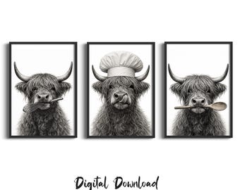 Funny Highland Cow Kitchen Prints – Set of 3 Printable | Farmhouse Kitchen Wall Art | Instant Download