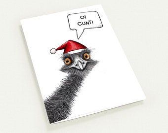 Funny Australian Emu Christmas card for festive jokes with friends and family. Xmas Card for the holiday season.