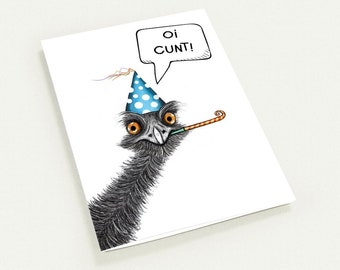 The Potty Mouth Emu Greeting card, a funny birthday card for friends and family.