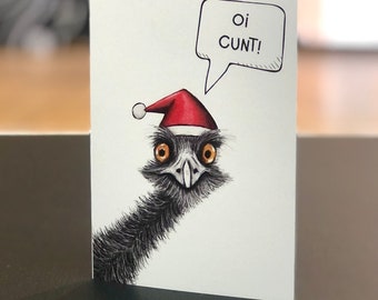 Funny Australian Emu Christmas card for festive jokes with friends and family. Xmas Card for the holiday season.