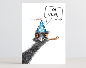 The Potty Mouth Emu Greeting card, a funny birthday card for friends and family.