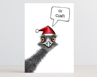 Funny Australian Emu Christmas card for festive jokes with friends and family. Xmas Card for the holiday season.
