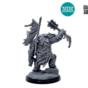 May include: A gray miniature figure of a fantasy warrior, holding a spiked mace and a tattered banner. The figure is heavily armored and stands on a rocky base. The MIM Printworks and Davale Games logos are visible.