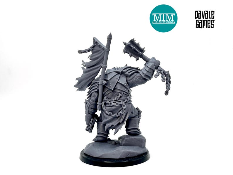 May include: A gray miniature figure of a fantasy warrior, holding a spiked mace and a tattered banner. The figure is heavily armored and stands on a rocky base. The MIM Printworks and Davale Games logos are visible.