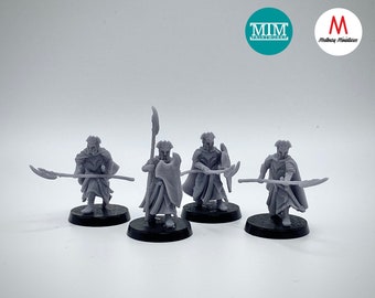 May include: Four gray plastic miniature figures of elves holding spears. The figures are standing on black bases. The figures are from the company "MIM Printworks".