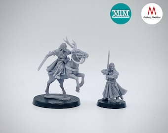 May include: Two gray plastic miniature figures, one riding a deer, both holding swords. The figures are on black circular bases. The text "MIM Paintworks" is visible in the background.