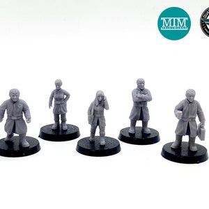 May include: Five gray plastic miniature figures of people wearing coats, standing on black circular bases. The figures are posed in different positions, some with their arms crossed, some with their hands in their pockets, and some holding objects. The figures are all wearing different styles of coats.