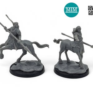 May include: Two gray plastic miniature figures of centaurs, each riding a horse with a spear in hand. The figures are on round bases.